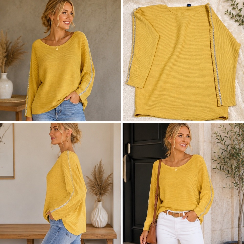 A Love‎ Story Mustard Yellow Ribbed Rhinestone Trim Sweater 1X 3/4 Sleeve